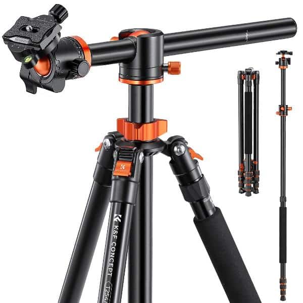 K&F KF09.086V2 2.4m Overhead Camera Tripod aluminum Transverse Center Column 10kg Load with Detachable Monopod for DSLR T254A8+BH-28L (SA254T1)
